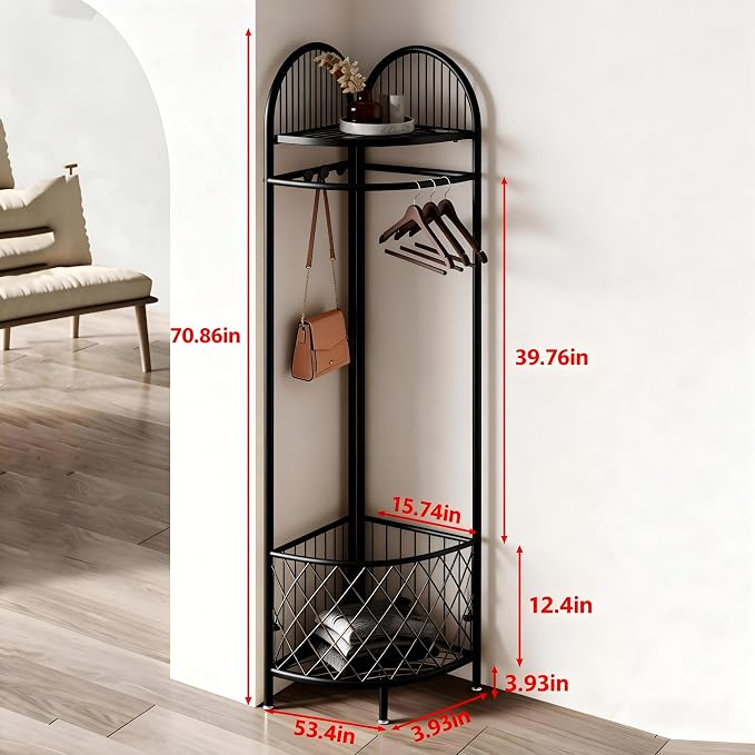 HKaikzo Corner Hall Tree, Coat Rack with 6 Metal Movable Hooks and Storage Basket Coat Rack Design Clothing Rack for Bedroom Entryway Hallway