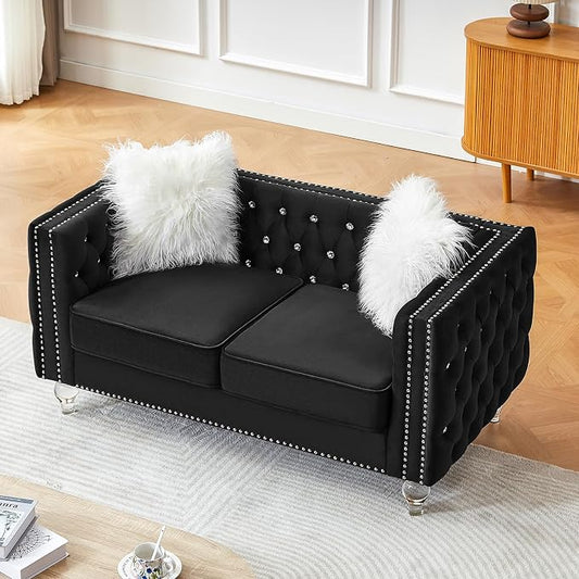 60" Chesterfield Sofa, Velvet Mid-Century Modern Upholstered Loveseat Sofa with 2 Throw Pillows and Acrylic Legs, Nailhead Button Tufted Vintage Couch for Living Room, Apartment, Black