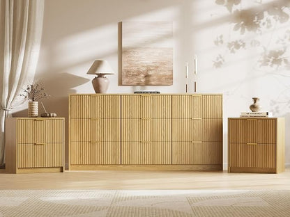 MAISONARIA 3-Piece Dresser Bedroom Set, 9 Drawer Dresser & 2 Drawer Nightstands with Gold Handles, Fluted Wood Chest of Drawers for Bedroom, Living Room, Entryway, Nature