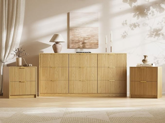 MAISONARIA 3-Piece Dresser Bedroom Set, 9 Drawer Dresser & 2 Drawer Nightstands with Gold Handles, Fluted Wood Chest of Drawers for Bedroom, Living Room, Entryway, Nature