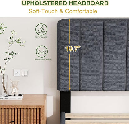 King Size Bed Frame with Headboard, Platform Bed with Soft Linen Upholstered Headboard | Wooden Slats Support | Adjustable Height | No Box Spring Needed, King Bed Frame Grey