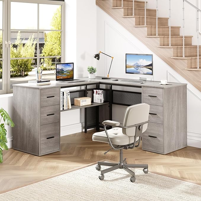 HSH Large L Shaped Desk with Storage File Cabinet，Corner L-Shaped Computer Desk with Drawers Shelves, Home Office Bedroom Metal Wood Study Writing Table Executive Workstation, Light Grey Oak, 59 Inch