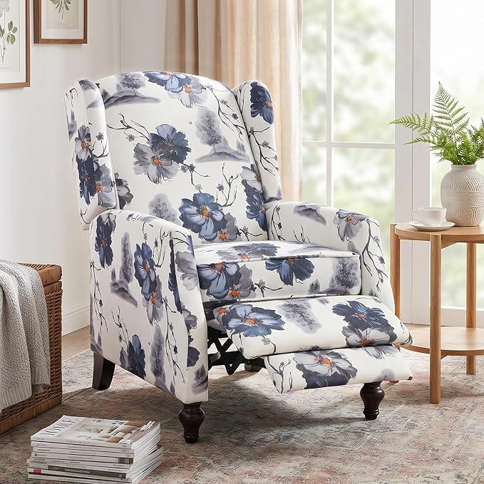 Wingback Recliner Chair with Massage and Heat, Tufted PU Leather Push Back Arm Chair for Living Room Vintage Recliner Chair with Remote Control, Padded Cushion, Backrest (Ink Blue)