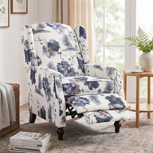 Wingback Recliner Chair with Massage and Heat, Tufted PU Leather Push Back Arm Chair for Living Room Vintage Recliner Chair with Remote Control, Padded Cushion, Backrest (Ink Blue)