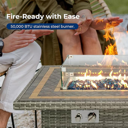 SereneLife Sturdy Wicker Base Propane Fire Pit Table with Tile Top, Patio Heater & Propane Heater, Sliding Door, Stainless Steel Burner, Tempered Glass Wind Guard, 50000 BTU, Weather Resistant