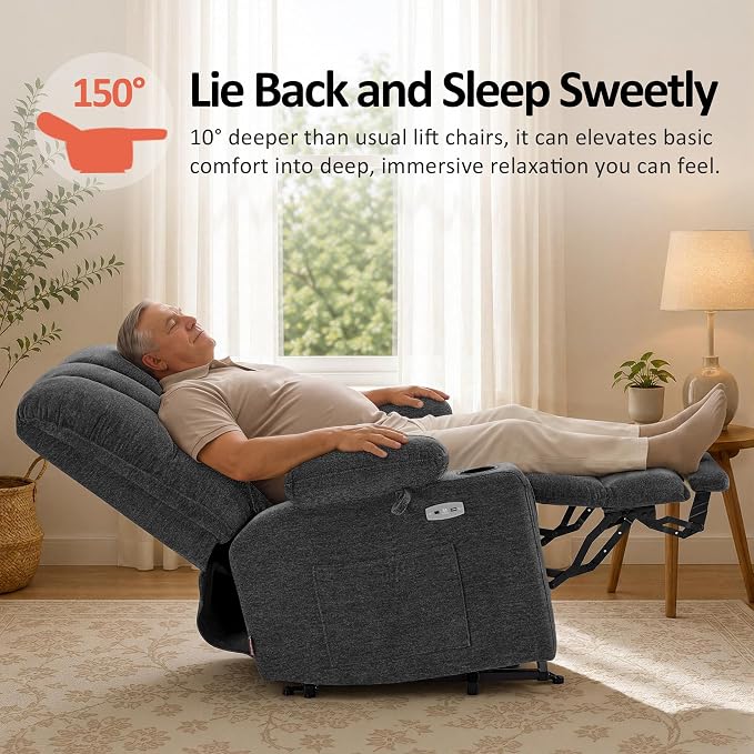 MCombo Oversized Power Lift Recliner Chair for Elderly, Lift Chair with Heat and Massage, Lift Recliner for Big and Tall, Cup Holders, USB & Type C Ports, Fabric R7092 (Dark Grey, Oversize)