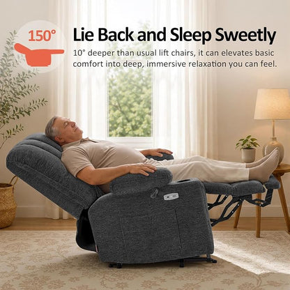 MCombo Oversized Power Lift Recliner Chair for Elderly, Lift Chair with Heat and Massage, Lift Recliner for Big and Tall, Cup Holders, USB & Type C Ports, Fabric R7092 (Dark Grey, Oversize)