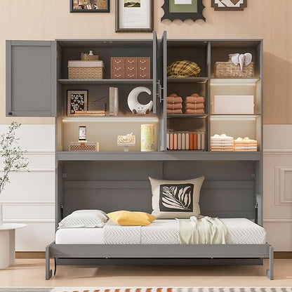 Ball & Cast Murphy Bed Twin Bed Frame with Top Cabinet,Hideaway Bedframe w/Shelves and Dual-Piston Metal Folding Mechanism,Space Saving Foldable Bed w/Light & USB,for Small Room,Gray