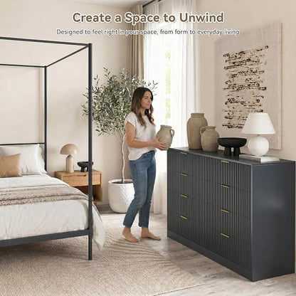 Navy Blue 8 Drawer Dresser for Bedroom, 55" Wide Fluted Chest of Drawers with Gold Metal Handles, Modern Wooden Dresser, Closet Storage Organizer Mid Century TV Stand for Living Room Hallway