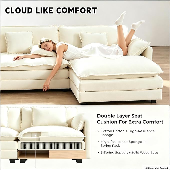 Modular Sectional Sofa with Ottoman: 76.7" Modern L Shaped Sectionals Cloud Couch, Comfy Couch Loveseat, 3 Seat Chenille Deep Seat Sofa with Pillow for Living Room,Bedroom Apartment,Small Spaces-Beige