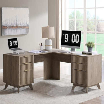 T4TREAM 60'' Fluted Executive L Shaped Desk, Modern Home Office Desk with Charging Station and File Drawer, Computer Corner Desks with Drawers & Storage Cabinet for Office Home, Bedroom, Alder Grey