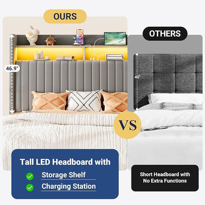 Allewie Full Size Lift Up Hydraulic Storage Bed Frame, 2-Tier Shelf Headboard with LED Lights and Charging Station, USB and Type C Ports, Wingback Velvet Headboard, No Box Spring Needed, Gray