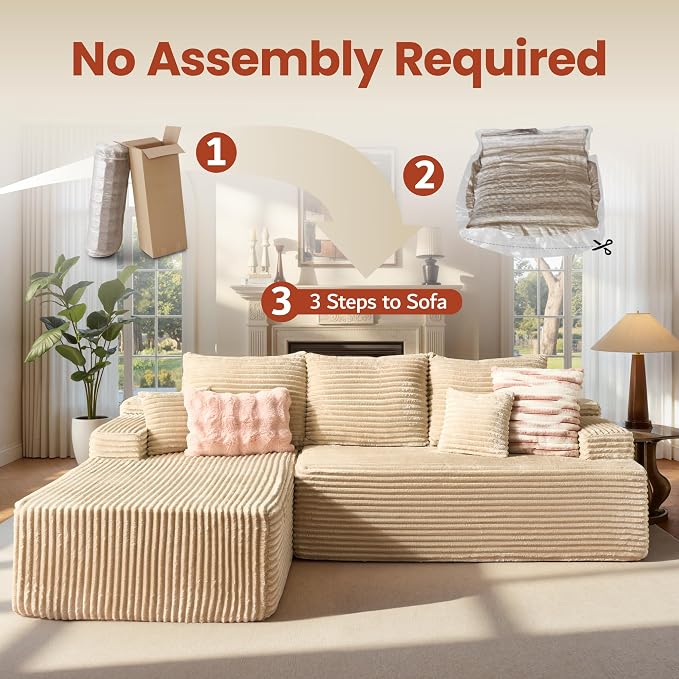 ovios 96" Cloud Sectional Couch with L-Shape Chaise,Modern Modular Sofa with Deep Seat, Upholstered Couches for Living Room Bedroom,No Assembly Required, Beige (Plush Corduroy Fabric)