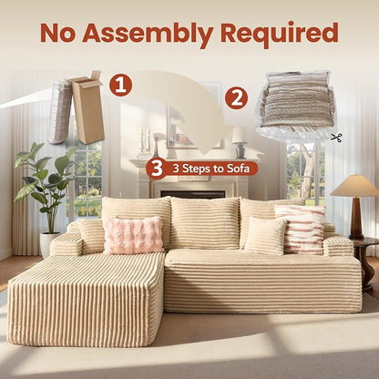 ovios 96" Cloud Sectional Couch with L-Shape Chaise,Modern Modular Sofa with Deep Seat, Upholstered Couches for Living Room Bedroom,No Assembly Required, Beige (Plush Corduroy Fabric)