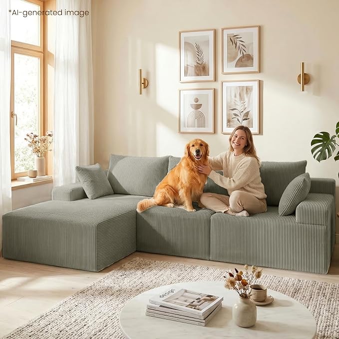 kinmars 108" Boneless Sectional Couch,Corduroy Cloud Couch Sectional for Living Room,Modern L Shaped Modular Sectional Couch,3 Seater Sofa (Camel, 108.9" L Shaped with Left Facing Chaise)