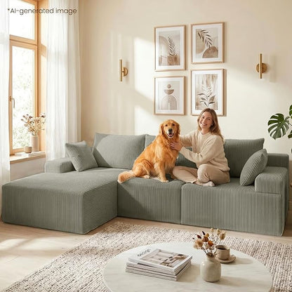 kinmars 108" Boneless Sectional Couch,Corduroy Cloud Couch Sectional for Living Room,Modern L Shaped Modular Sectional Couch,3 Seater Sofa (Camel, 108.9" L Shaped with Left Facing Chaise)