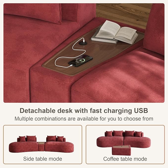 153.3" Oversized Curved Sectional Sofa, Luxury Chenille Cloud Couch for Living Room, Large Modern Modular Deep Seat Sofa with Movable Coffee Table & USB, No Assembly Needed, Red