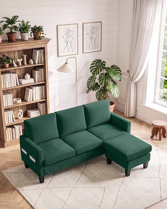 Karl home 67" Small Sectional Couch L Shaped Sofa, Green | Movable Storage Ottoman, Corduroy Upholstered, Sofa Chaise, Side Pockets 5.9" Sofa Legs for Living Room, Apartment, Studio