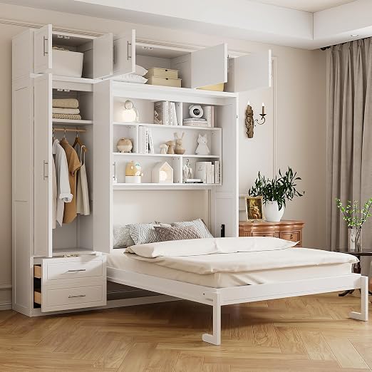 Murphy Bed Queen Size,Murphy Bed with Top Cabinet and Shelves,Space-Saving Multifunctional Hideaway Wall Foldable Bed w/Slat Support,Bedroom Folding Bedframe for Guest Room,White