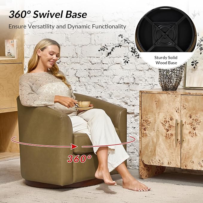 HULALA HOME Genuine Leather Swivel Barrel Chairs Set of 2, Round Swivel Accent Chairs with Solid Wood Base, Leather Barrel Accent Chair for Living Room, No Assembly Required, Taupe