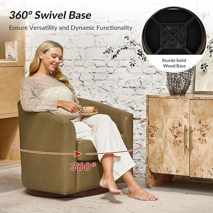 HULALA HOME Genuine Leather Swivel Barrel Chair, Round Swivel Accent Chair with Solid Wood Base, No Assembly Required, Taupe