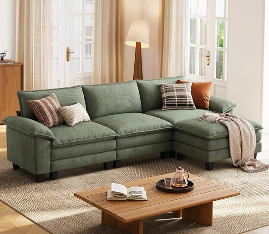 LINSY HOME 123'' Modular Sectional Sofa 3 Seat Couch Corduroy Cloud Couch with Deep Seat, Modern L-Shaped Cloud Couch with 1 Movable Ottoman for Living Room, Office, Bedroom, Green