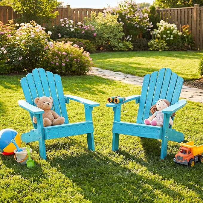 Costzon Kids Adirondack Chair, All-Weather HIPS Toddler Outdoor Chair, Wooden Textured Plastic Fire Pit Chair, Kids Patio Chair for Backyard Lawn Garden, Fits Children Age 3-7 Years (4, Turquoise)