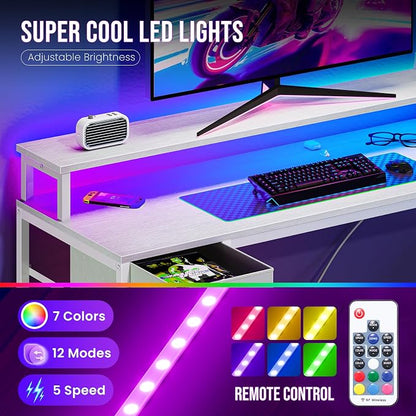 DUMOS 53" Gaming Desk with USB Charging Ports & LED Lights, Reversible L-Shaped Corner Computer Table for Small Spaces, Power Outlets, Monitor Stand & Storage Shelves Included, White