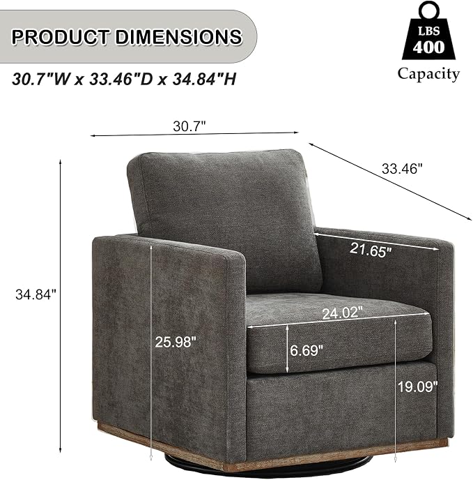 Swivel Accent Chair, 360 Degree Square Swivel Barrel Chair for Living Room, Mid Century Modern Upholstered Accent Chair,Comfy Sofa Armchairs for Bedroom,Nursery,Chenille, Charcoal Black