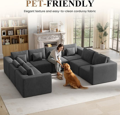 Modern U Shaped Modular Sectional Sofa, Convertible Oversized Cloud Couches for Living Room, Comfy 8 Seater Corduroy Boneless Couch Sofa Set, No Assembly Required, Beige 1 PCS