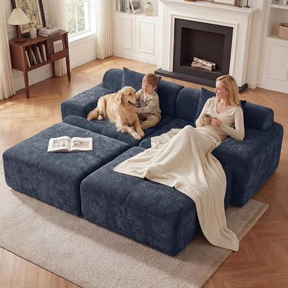 83.5" Boneless Loveseat with 2 Ottoman, Cloud Comfy Sofa Bed, Modular Sofa for Living Room, Apartment, Bedroom, Hotel, No Assembly Required (Blue)