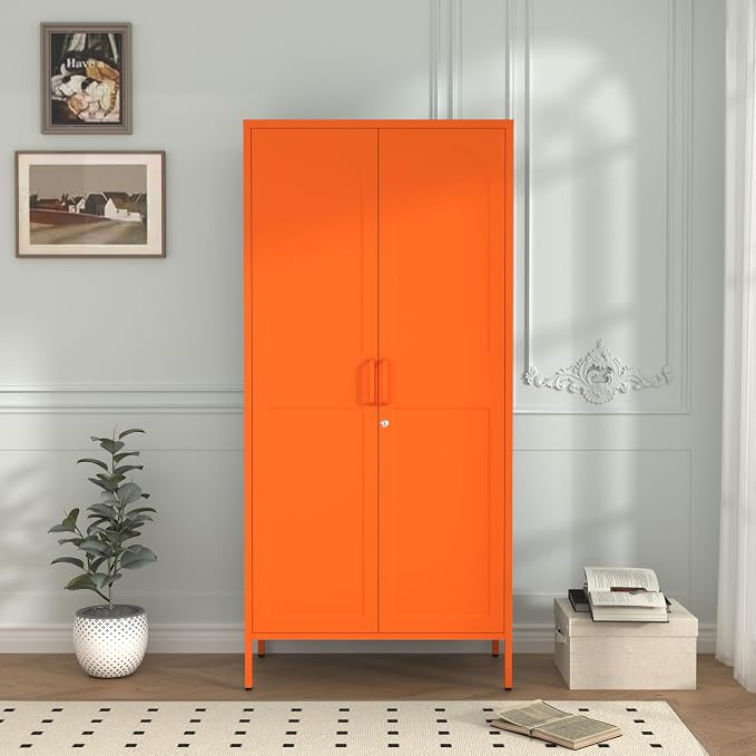 Orange Lockable Metal Storage Wardrobe, Tall Freestanding Cold Rolled Steel Cabinet with Arched Embossed Doors, Elevated Feet for Bedroom Office Storage Size：67" H x 31.5" W x 18.1" D