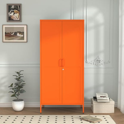 Orange Lockable Metal Storage Wardrobe, Tall Freestanding Cold Rolled Steel Cabinet with Arched Embossed Doors, Elevated Feet for Bedroom Office Storage Size：67" H x 31.5" W x 18.1" D