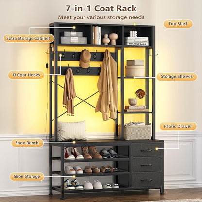 39.4'' Hall Tree with Bench and Shoe Storage, Entryway Bench with Coat Rack, 25-in-1 Tall Hall Tree with Led Lights (Black)