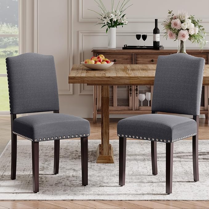 Upholstered Parsons Dining Chairs Set of 2, Modern Dining Room Chairs with Back, Fabric Kitchen Side Chairs with Wood Legs, Nailhead Trim for Dinner Farmhouse Restaurant, Darkgrey