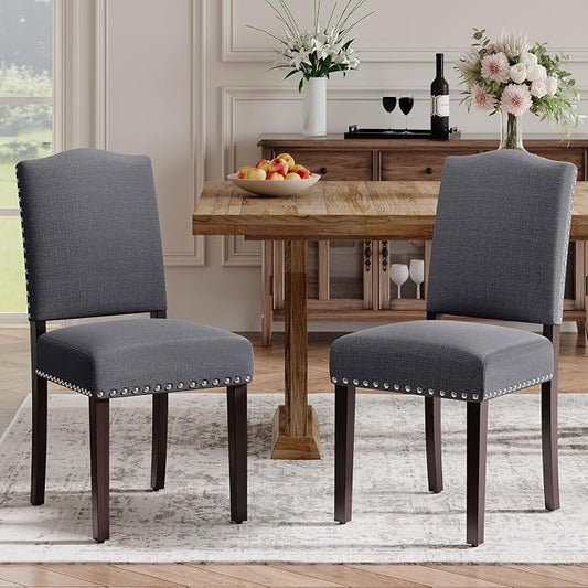 Upholstered Parsons Dining Chairs Set of 2, Modern Dining Room Chairs with Back, Fabric Kitchen Side Chairs with Wood Legs, Nailhead Trim for Dinner Farmhouse Restaurant, Darkgrey