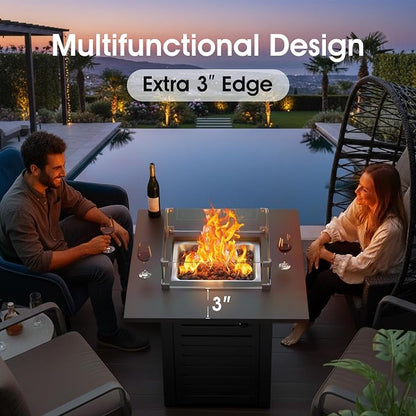 5-Piece Patio Furniture Set with Fire Pit Table & Coffee Table & Removable Washable Cushions, All-Weather Metal Frame and Wood-Like Armrests for Porch, Garden, Balcony,Beige