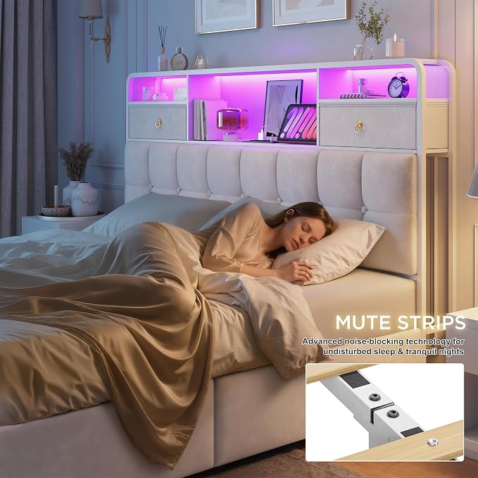 EnHomee Queen Bed Frame with 6 Storage Drawers and 2-Tier Velvet Upholstered Headboard,Modern Bed Frame with LED Lights&Charging Station,No Box Spring Needed,Noise-Free, Easy Assembly,Sturdy,Beige