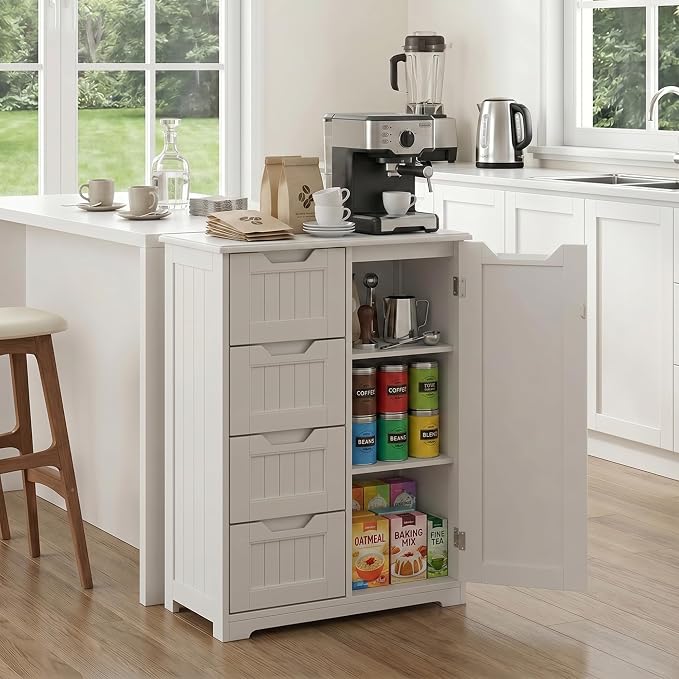Gizoon Small Pantry with Door and Shelves, 33'' Small Coffee Bar Cabinet with 4 Drawers Kitchen Pantry Storage Cabinet for Kitchen and Living Room, White, Painted