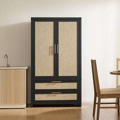 SICOTAS Larger Armoire Wardrobe Closet, 71" Tall Rattan Wardrobe Closet Cabinet with Storage and 2 Drawers, Boho Armoire Clothes Organizer with Hanging Rod for Bedroom, Black Oak (2 PCS)