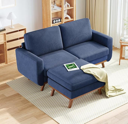 Vesgantti 68" Loveseat Sofa with Movable Ottoman, Comfy Corduroy Couch with Spring Cushion, Sofa Couch with Solid Wood, Modern Office Sofa with Deep Seat for Living Room and Bedroom, Dark Blue