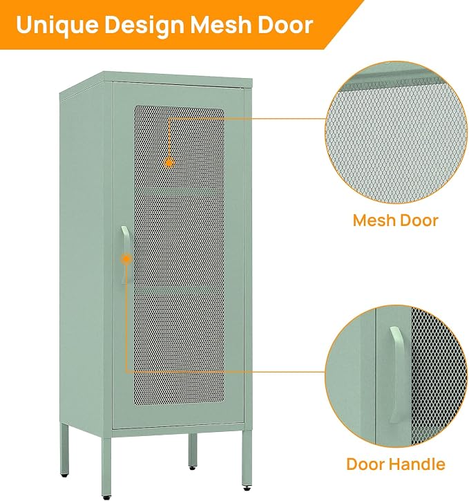 Slim Metal Storage Cabinet with Mesh Doors - 42'' Tall Narrow Organizer Tower, Compact Freestanding Cabinet, Versatile Utility Storage for Home, Office, Kitchen, Living Room, Durable and Modern Design