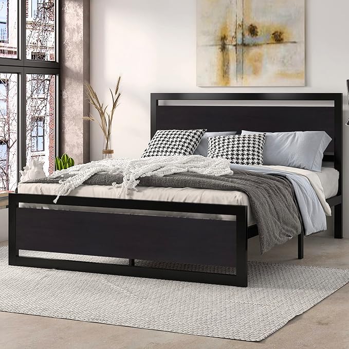 SHA CERLIN Heavy Duty Full Size Bed Frame with Modern Headboard，Black | Platform Metal Base with Square Footboard and 13 Strong Slats Support, No Box Spring Needed