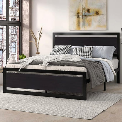 SHA CERLIN Heavy Duty Full Size Bed Frame with Modern Headboard，Black | Platform Metal Base with Square Footboard and 13 Strong Slats Support, No Box Spring Needed