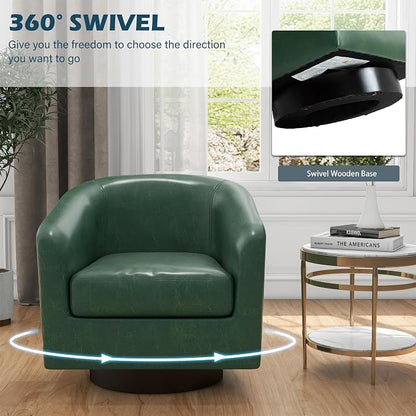 360° Swivel Barrel Accent Chair Armchair, PU Leather Round Club Arm Chair for Lving Room, Modern Upholstered Small Bedroom Single Sofa Seat - Green, Set of 4