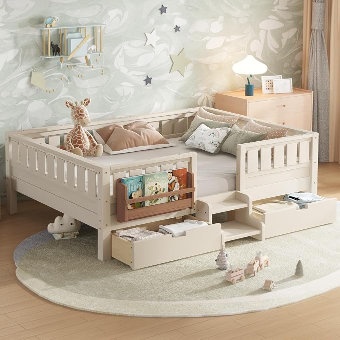 Bellemave Full Floor Bed with Stairs, Rails and Slats, Full Size Montessori Floor Bed with Bookshelf and 2 Storage Drawers, Easy Assemble Montessori Beds Frame for Girls, Boys, Light Beige