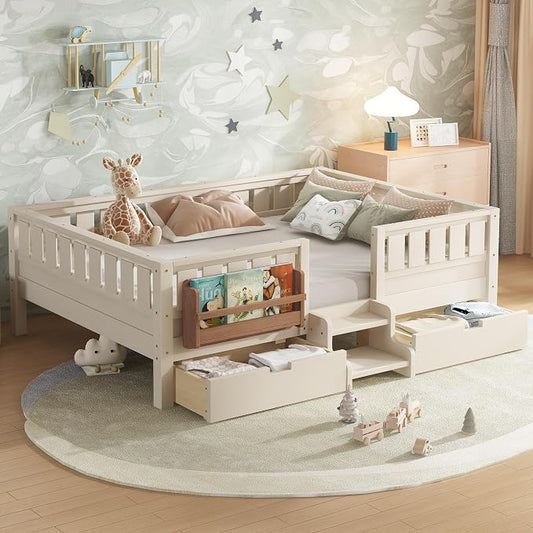 Bellemave Full Floor Bed with Stairs, Rails and Slats, Full Size Montessori Floor Bed with Bookshelf and 2 Storage Drawers, Easy Assemble Montessori Beds Frame for Girls, Boys, Light Beige