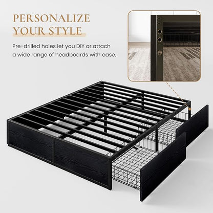 SHA CERLIN Full Platform Bed Frame with 2 Large Storage Drawers - Heavy Duty Metal & Rustic Wood, Noise-Free, No Box Spring Needed, Black