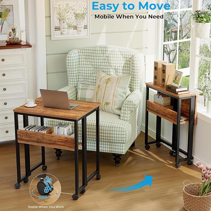 GreenForest Folding Desk with Wheels, 31.5 Inch Compact Rolling Computer Table with Storage Shelf, Portable Mobile Workstation for Small Spaces, Easy Assembly, Walnut