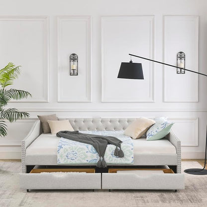 KEIKI Queen Size Upholstery Daybed with 2 Drawers and Headboard, Mid-Century Style Tufted Sofa Bed with Button on Back, Easy Assembly, No Box Spring Required, for Living Room and Bedroom, Beige